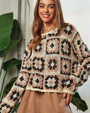 Crochet Patchwork Round Neck Pullover Sweater Top