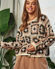 Crochet Patchwork Round Neck Pullover Sweater Top