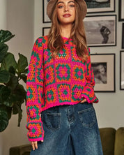 Crochet Patchwork Round Neck Pullover Sweater Top