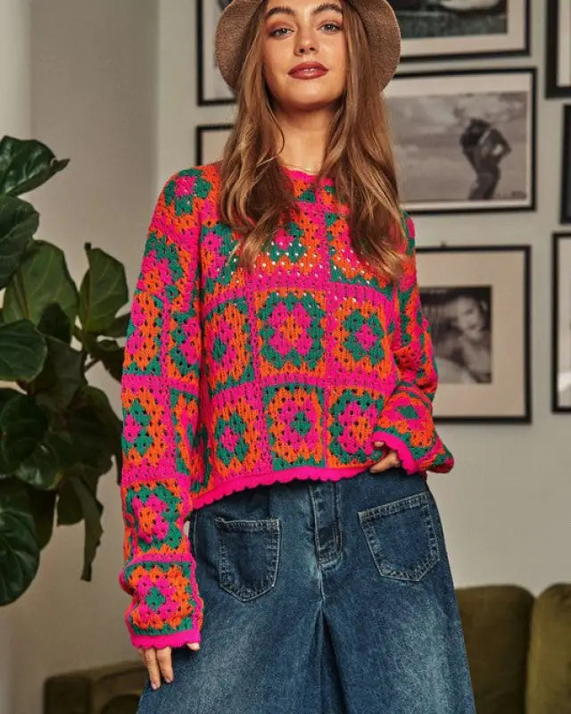 Crochet Patchwork Round Neck Pullover Sweater Top