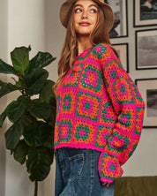 Crochet Patchwork Round Neck Pullover Sweater Top