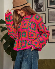 Crochet Patchwork Round Neck Pullover Sweater Top