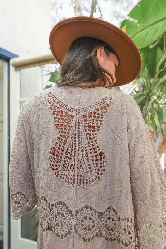 Crochet Trim Open Patch Long Kimono