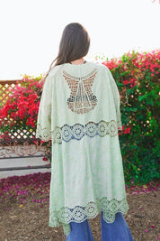 Crochet Trim Open Patch Long Kimono