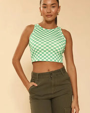 Cropped printed rib knit tank