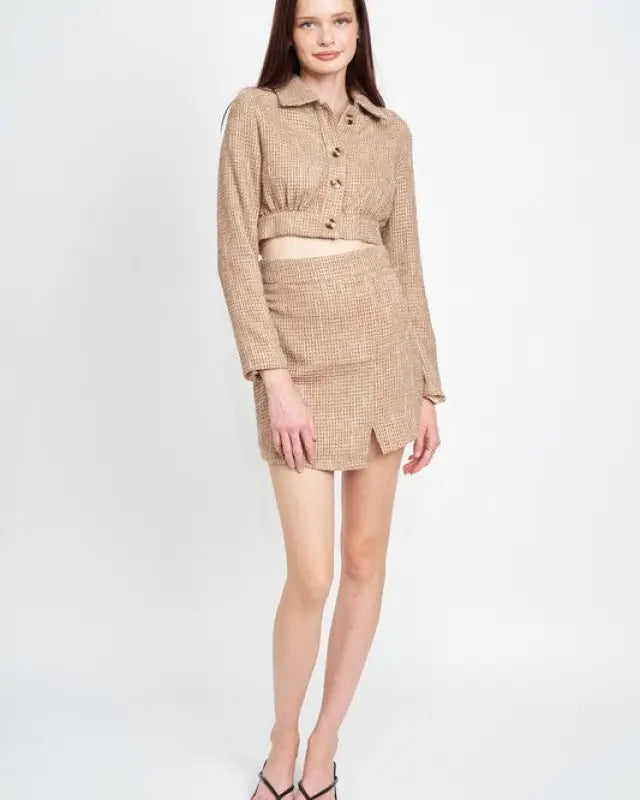 Cropped Tweed Jacket With Shirring Detail