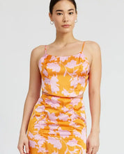 CROPPED WOVEN TOP WITH BACK TIE - ORANGE PINK PRINT / S