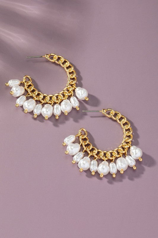 Curb chain hoop earrings with pearl drops - Gold / One Size - Rings