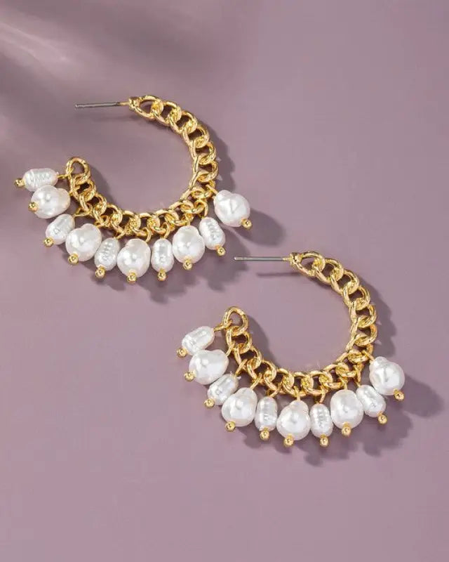 Curb chain hoop earrings with pearl drops - Gold / One Size - Rings