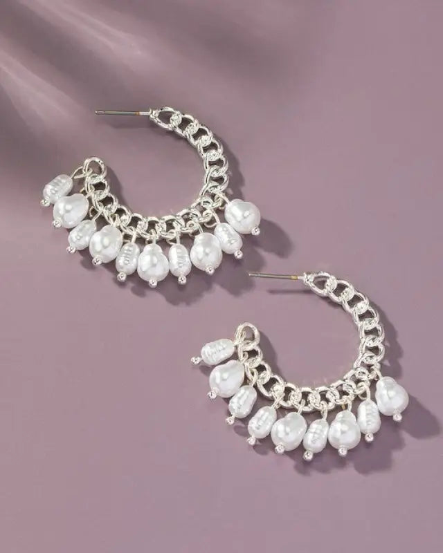 Curb chain hoop earrings with pearl drops - Silver / One Size - Rings