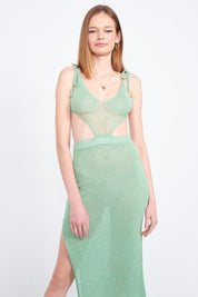 Cut Out Detaul Midi Dress With Shoulder Ties