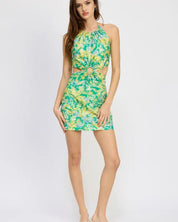 O RING HALTER MINI FLORA DRESS