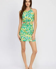 O RING HALTER MINI FLORA DRESS - GREEN YELLOW FLORAL / S