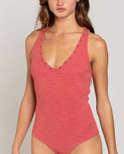 Deep V-neck Stud Bodysuit - RASPBERRY ROSE / S