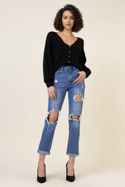 Distressed Boyfriend Jeans - Medium Stone / 1 - Jeans