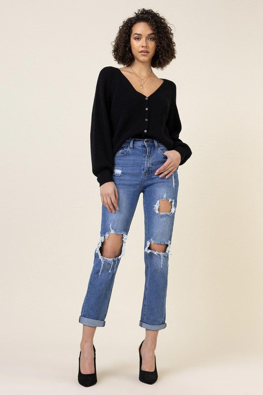 Distressed Boyfriend Jeans - Medium Stone / 1 - Jeans