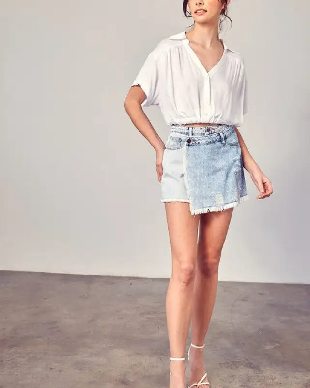 Distressed Cross Lap Denim Shorts