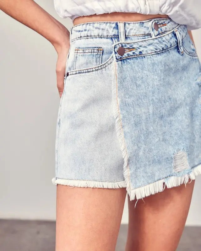 Distressed Cross Lap Denim Shorts