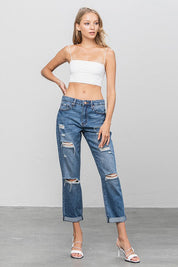 DISTRESSED PREMIUM BOYFRIEND JEANS - DARK / 1