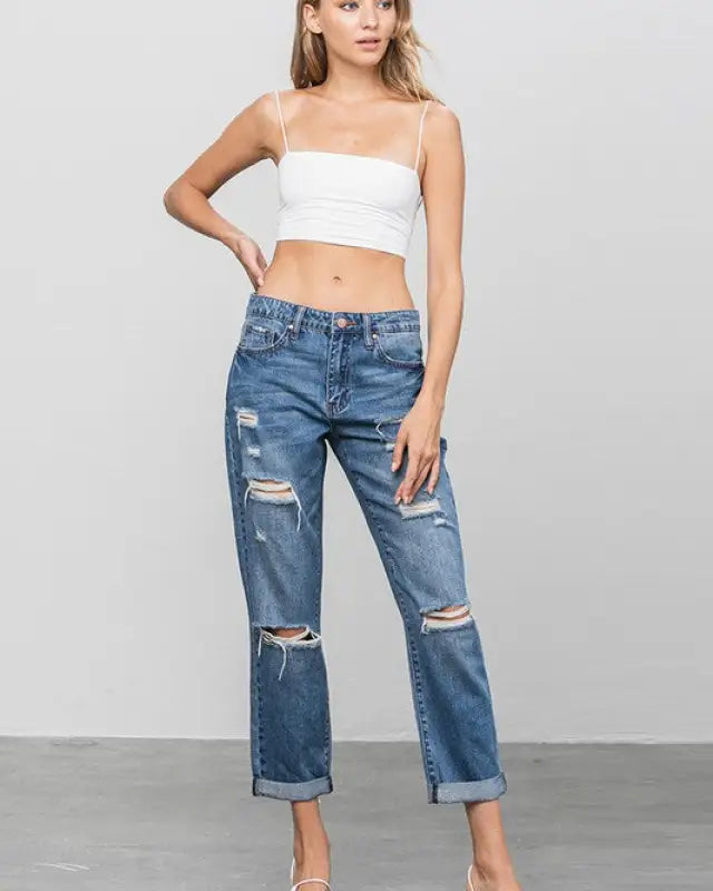 DISTRESSED PREMIUM BOYFRIEND JEANS - DARK / 1