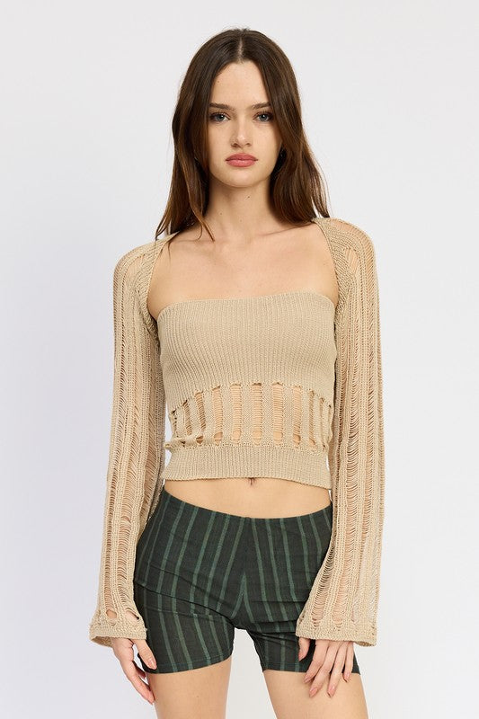 DISTRESSED SWEATER TUBE TOP - TAUPE / S