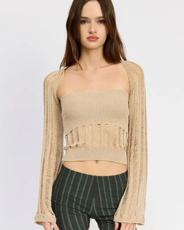 DISTRESSED SWEATER TUBE TOP - TAUPE / S