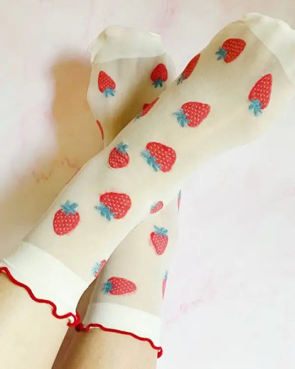 Dots And Strawberries Sheer Socks Set Of 2 Pairs - White / OS