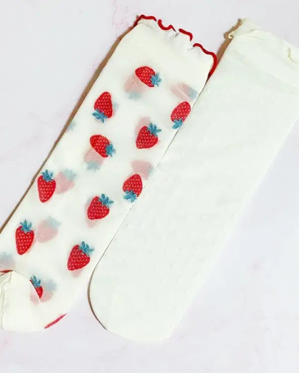 Dots And Strawberries Sheer Socks Set Of 2 Pairs - White / OS