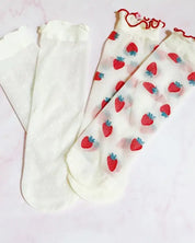 Dots And Strawberries Sheer Socks Set Of 2 Pairs - White / OS