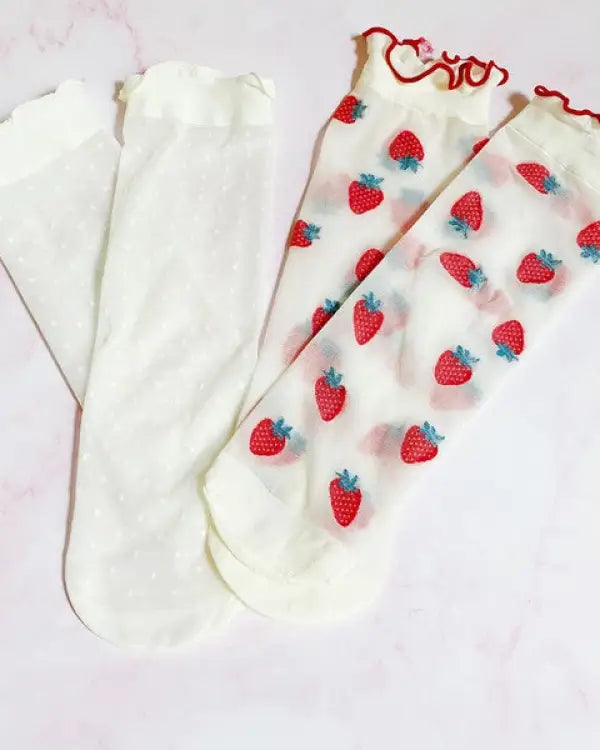 Dots And Strawberries Sheer Socks Set Of 2 Pairs - White / OS