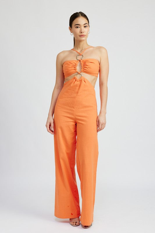 DOUBLE O RING CUT OUT JUMPSUIT - CORAL / S