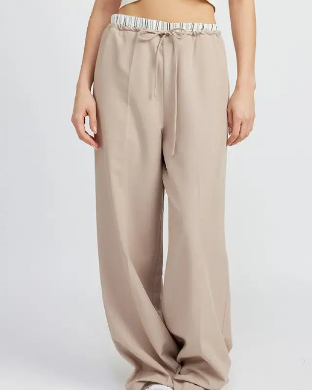 DOUBLE WAIST STREUIGHT LEG PANTS - TAUPE / S