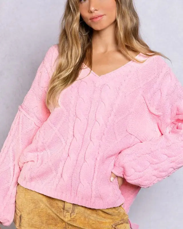 Dreamy V-Neck Sweater with Chain Detail - CANDY PINK / S