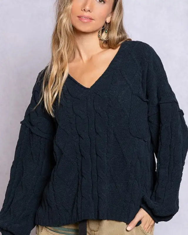 Dreamy V-Neck Sweater with Chain Detail - CHARCOAL / S