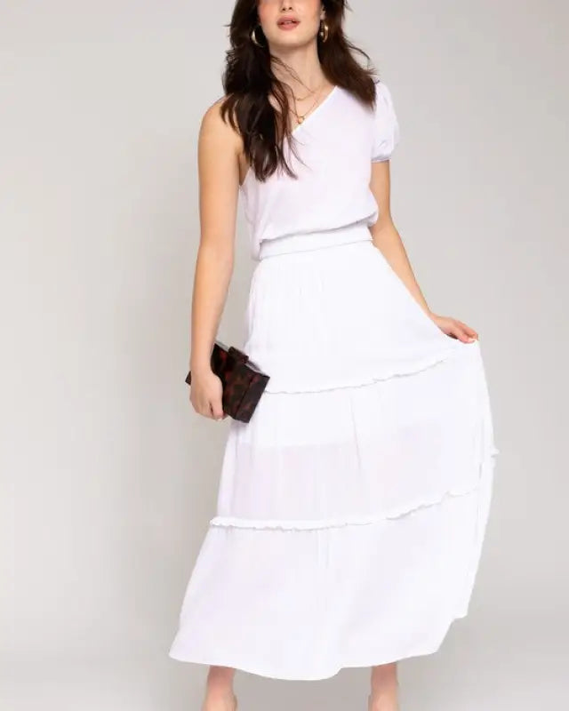 Elastic Waist Merrow Edge Tiered Midi Skirt