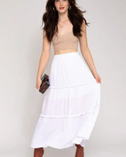 Elastic Waist Merrow Edge Tiered Midi Skirt