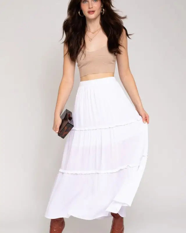 Elastic Waist Merrow Edge Tiered Midi Skirt