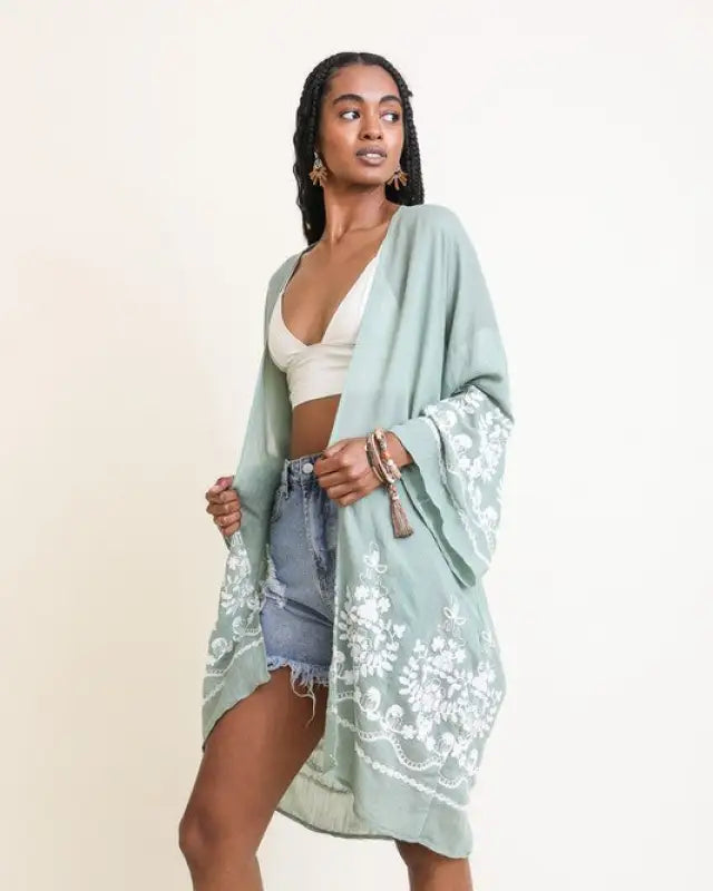 Embroidered Floral Vine Lightweight Kimono