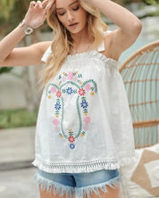 Embroidered Sleeveless Ruffle Tank Top