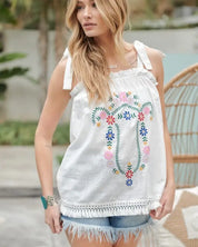 Embroidered Sleeveless Ruffle Tank Top