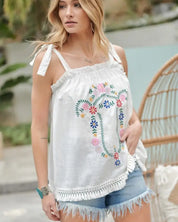 Embroidered Sleeveless Ruffle Tank Top