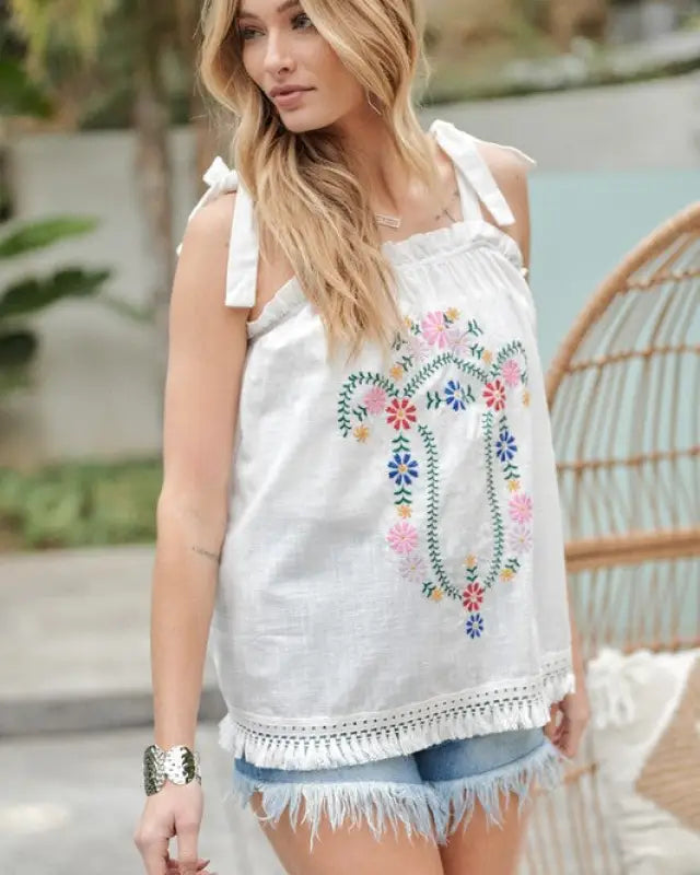 Embroidered Sleeveless Ruffle Tank Top