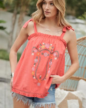 Embroidered Sleeveless Ruffle Tank Top