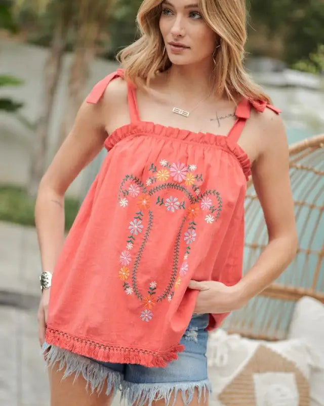 Embroidered Sleeveless Ruffle Tank Top