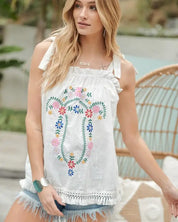 Embroidered Sleeveless Ruffle Tank Top