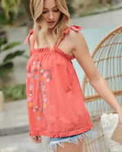 Embroidered Sleeveless Ruffle Tank Top