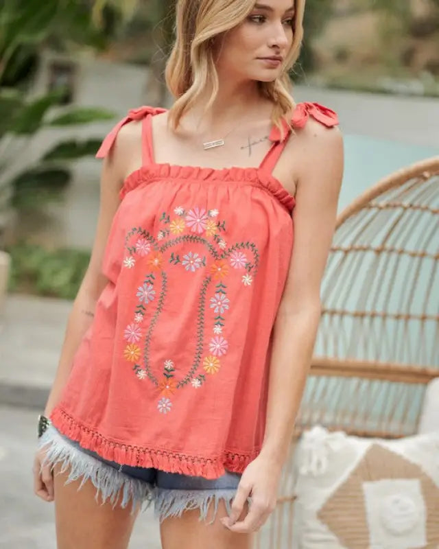 Embroidered Sleeveless Ruffle Tank Top