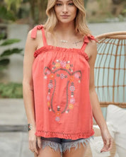 Embroidered Sleeveless Ruffle Tank Top