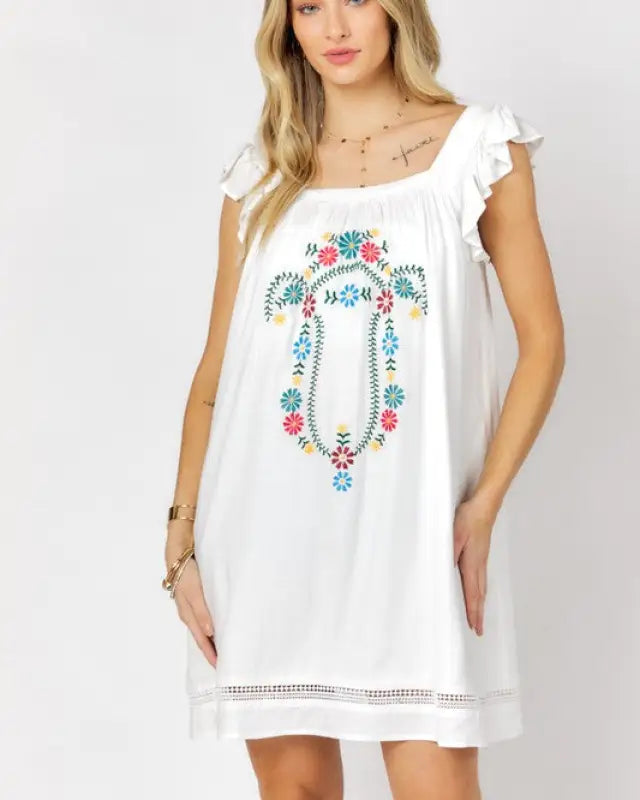 Embroidered Square Neck Mini Dress