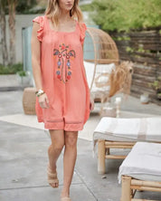 Embroidered Square Neck Mini Dress